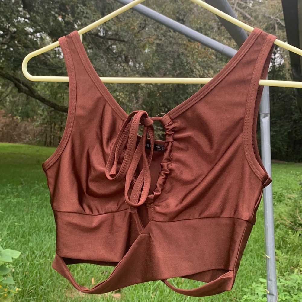 Silky, brown, tie in the front crop top